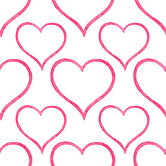 Background of pink hearts. Watercolor seamless repeat pattern. Valentine's Day. February 14th.