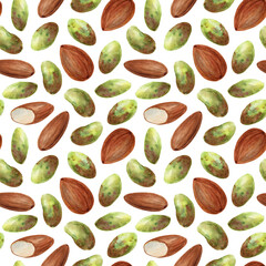 Almond and pistachio watercolor seamless pattern. Healthy food background. Hand drawn nuts illustration.