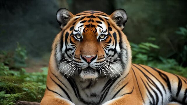 Majestic Tiger Gazes Directly at the Viewer in Lush Greenery.