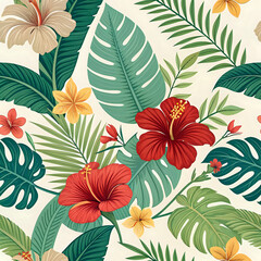 Tropical leaves and flowers pattern, bright summer colors, seamless
