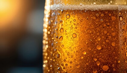 Refreshing amber beer in a condensation-covered glass at sunset Generative AI