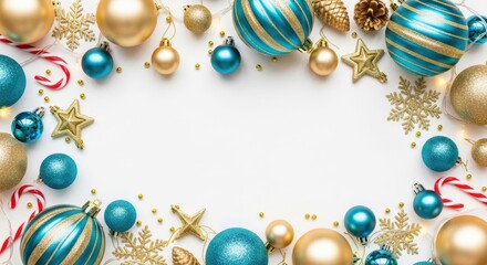 Festive Ornaments in the Spotlight: A dazzling array of gold and teal baubles, delicate snowflakes, twinkling stars, and festive candy canes adorn a luminous backdrop.