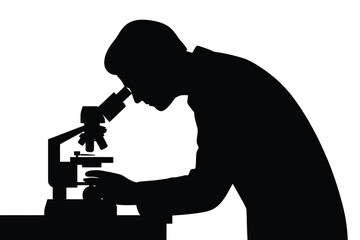 Silhouette of scientist examining sample under microscope in laboratory setting