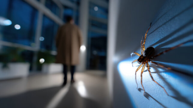 In a dimly lit room, a spider casts captivating shadows while a figure stands in the background, reflecting themes of fear and vulnerability in everyday spaces.