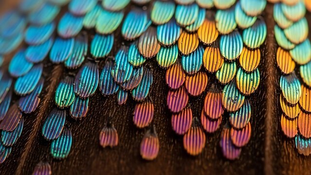 Extreme close-up of shimmering rainbow scales on an insect wing, showcasing a beautiful abstract background of vibrant iridescent colors