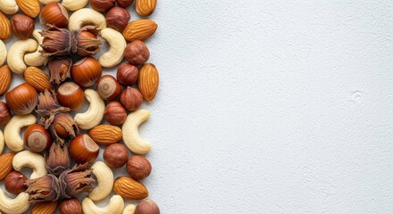 Nut Mix Delight: A vibrant assortment of nuts offers a visual feast, arranged to showcase their unique shapes and textures, tempting viewers with a promise of wholesome indulgence.