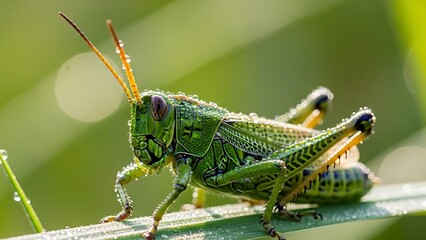 A detailed close-up macro shot of a vibrant green grasshopper,