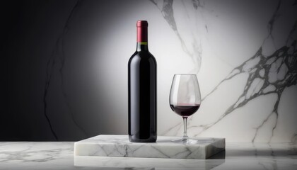 Elegant red wine bottle beside a glass on a marble surface in soft light Generative AI