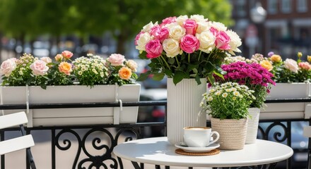 Fototapeta premium Serene Patio Scene with Flowers and Coffee: A table setting on a charming patio, adorned with vibrant floral arrangements and a steaming cup of coffee, creating a tranquil and inviting atmosphere.