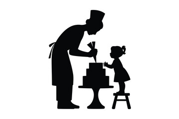 Silhouette of chef and child decorating cake together with icing