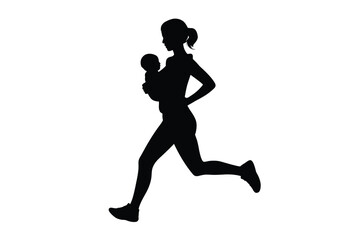 Silhouette of a woman jogging with a baby in a carrier