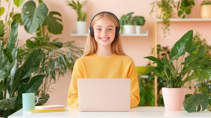 Focused Student Learning in a Green Oasis: A smiling student immersed in her studies, headphones on, laptop open, surrounded by lush plants, creating a serene and inspiring learning environment. 