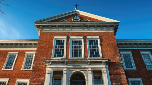 Video A large brick building with a clock tower, perfect for architecture or cityscape 