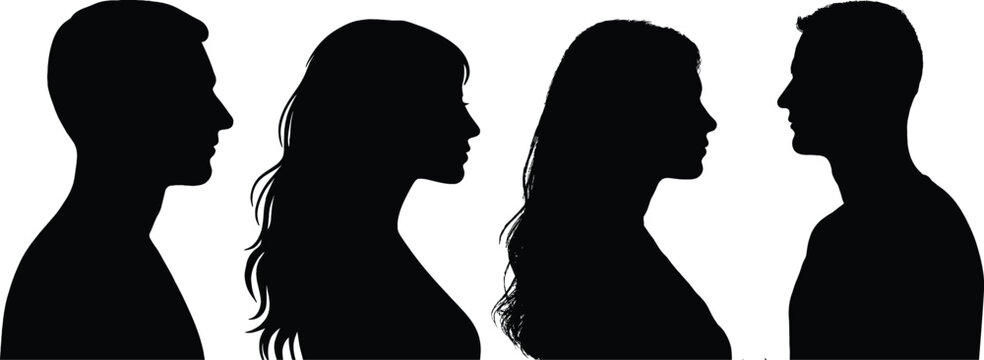 Four silhouettes of people in profile facing each other in pairs
