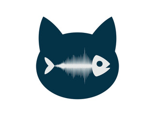 A dark blue cat silhouette with a fish skeleton, representing an audio wave, inside its head against a white background.