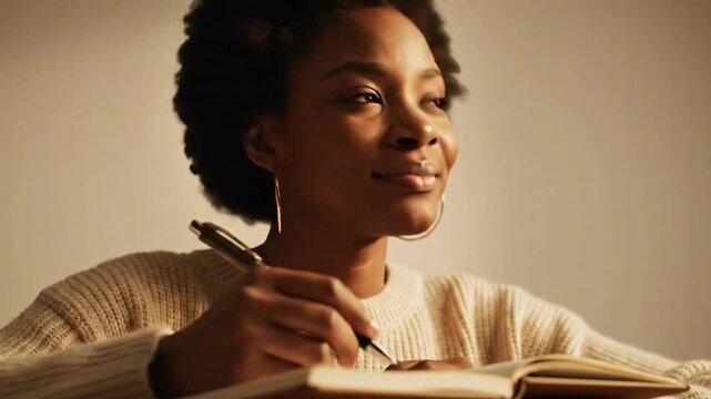 Young Black Woman Writing in Journal with Pen Wearing Cream Knit Sweater and Gold Hoop Earrings Warm Soft Lighting Focused Expression Indoor Setting