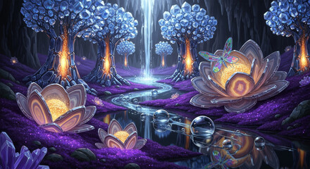 Enchanting fantasy landscape with glowing crystal trees, luminous purple flora, and a shimmering waterfall flowing through a mystical cavern