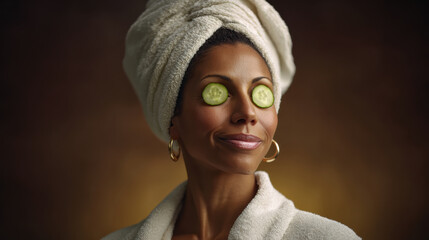 Calm beautiful woman relaxing at spa with towel wrap and cucumber on her eye. self care beauty treatment for wellness and skin