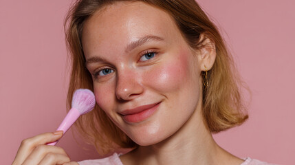 Serene woman applying pink blush makeup with brush. This beauty portrait shows happy face with glowing skin and gentle, confident smile