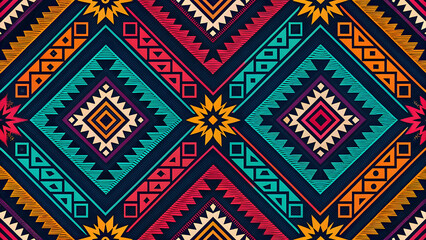 Vibrant neon tribal pattern, bold geometric shapes, seamless design