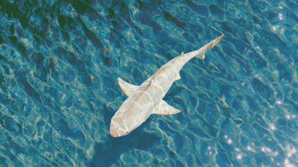 Calm shark, wild predator animal, swimming in clear blue teal ocean water. Aerial view shows peaceful and majestic marine life creature