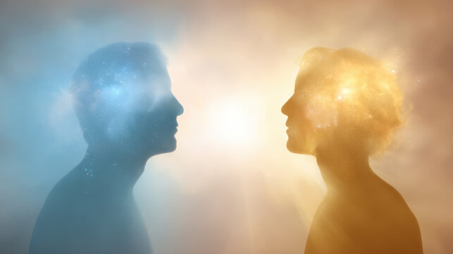Serene spiritual connection between couple silhouette. man and woman soul aura and energy glow with vibrant blue and orange light
