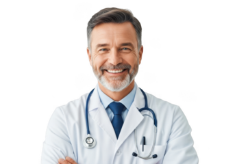 Smiling male doctor wearing stethoscope isolated on transparent background