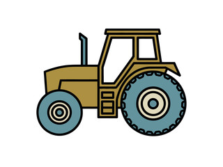 A simple illustration of a brown tractor with large blue wheels is shown on a white background, representing agricultural machinery.
