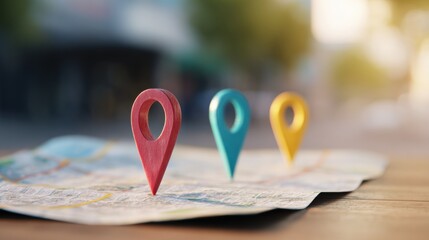 Colorful map pins marking locations on a city map in bright sunlight