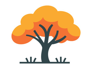 A stylized illustration of an autumn tree with orange foliage stands in a minimalist landscape with green grass.