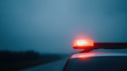 Obraz premium Red emergency light from patrol car flashing on dark, foggy night. scene creates feeling of urgency and warning on road side