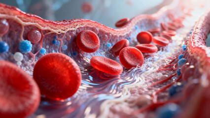 Red Blood Cells Flowing in Blood Vessel – Human Circulatory System and Medical Science Concept