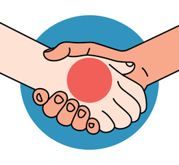 Two hands shake in agreement over a stylized red circle on a blue background.