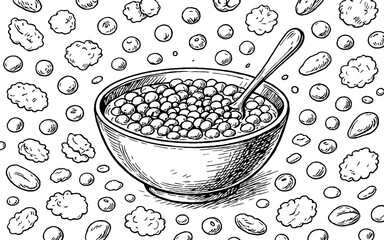 Hand-Drawn Breakfast Cereal Bowl Illustration with Spoon and Floating Grains