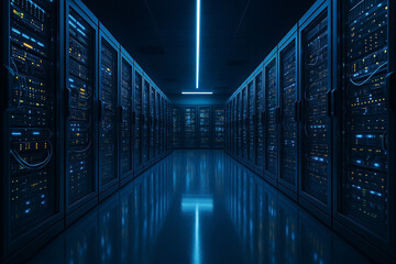 Server racks in modern server room data center - 3d illustration.