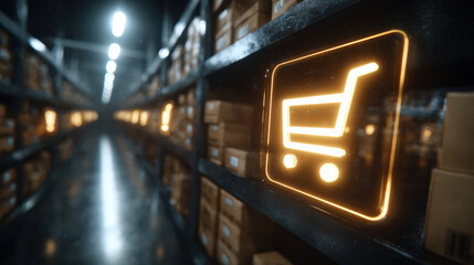 Glowing shopping cart icon in modern warehouse aisle symbolizing digital e commerce, online retail, and futuristic logistics for product delivery