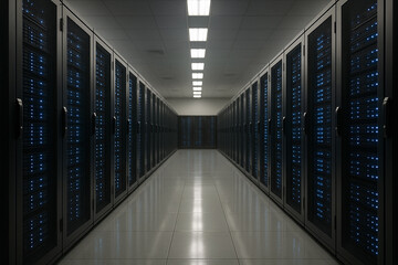 Server racks in modern server room data center - 3d illustration.