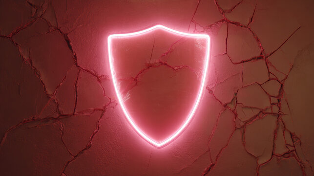 Powerful red neon shield glows, light of security and protection against dark cracked wall background symbolizing futuristic defense