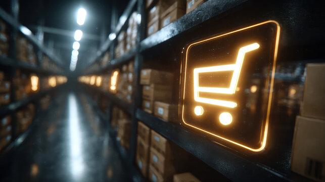 Glowing shopping cart icon in modern warehouse aisle symbolizing digital e commerce, online retail, and futuristic logistics for product delivery