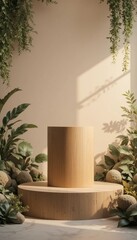 Natural display stand embraced by greenery and soft sunlight in a tranquil setting