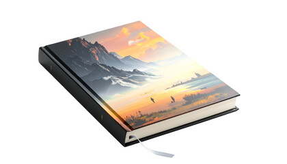 Journal with mountain landscape against a sunset, black background