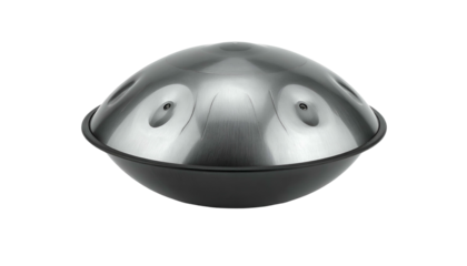 Silver steel handpan with tuned indentations, black rim on black