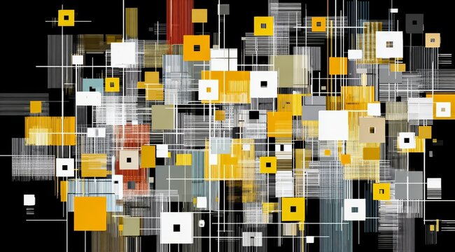 Colorful abstract painting with many squares and lines. The painting is full of different colors and shapes