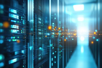 Bright data center aisle with illuminated server racks, blue hardware glow, and flowing digital signals across metal cabinets, idea for IT infrastructure visuals and modern technology content