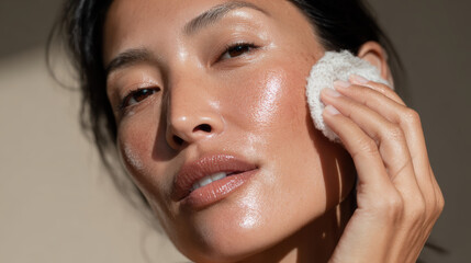 Calm Asian woman with natural glowing skin cleansing her face with cotton pad. daily beauty skincare routine for fresh, healthy skin