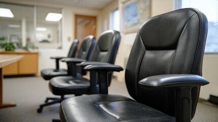 Quiet meeting room with empty black leather office chairs awaits corporate conference, creating professional and serious business setting
