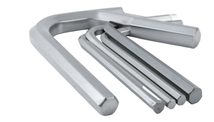 Silver hex keys, various sizes, angled on black background