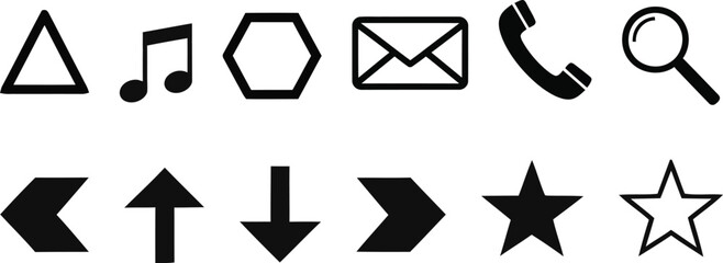 Collection of simple black icons representing common symbols and navigation elements