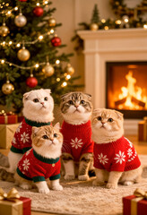 Gatti Natale Maglione Albero Camino