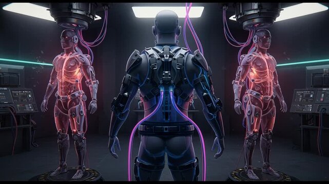 human augmentation testing chamber, exoskeleton harness with exposed actuators and glowing neural conduits